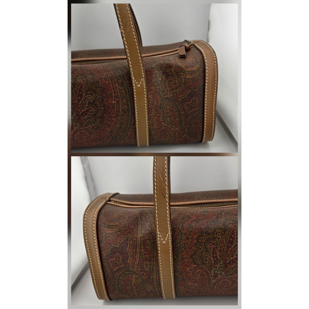 Etro Milano Paisley Print Barrel Bag Brown Leather Trim Vintage Cylinder Satchel - Picture 7 of 10